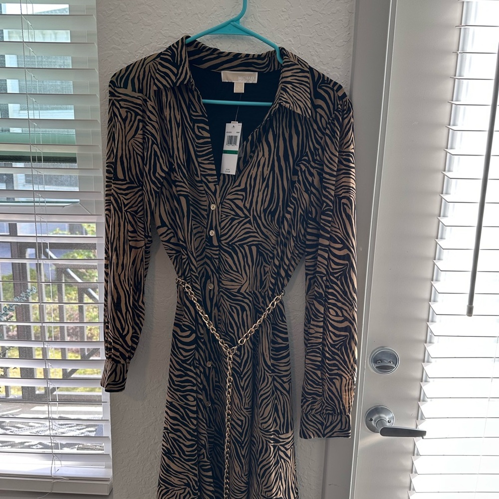 Michael Kors Chic Zebra Print Dress with Gold Chain Detail